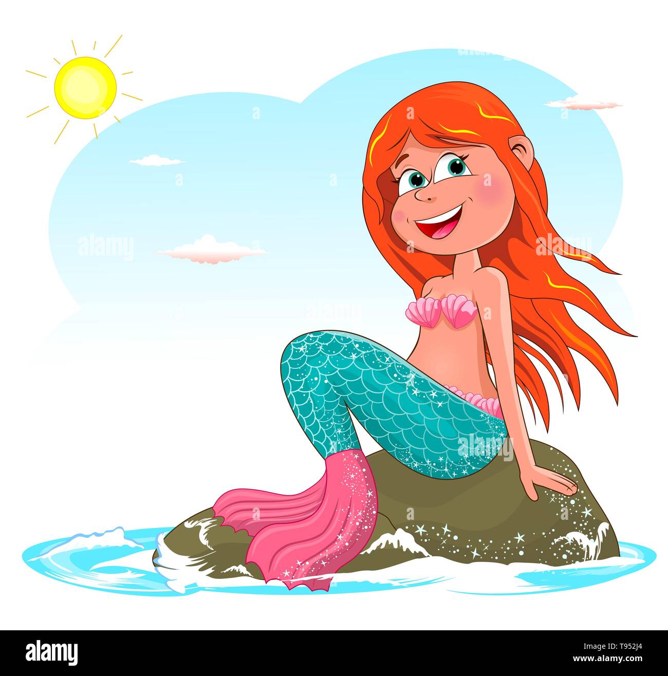 Splendida sirenetta seduto su un mare di pietra. Sirena con i capelli rossi contro il cielo. Illustrazione Vettoriale