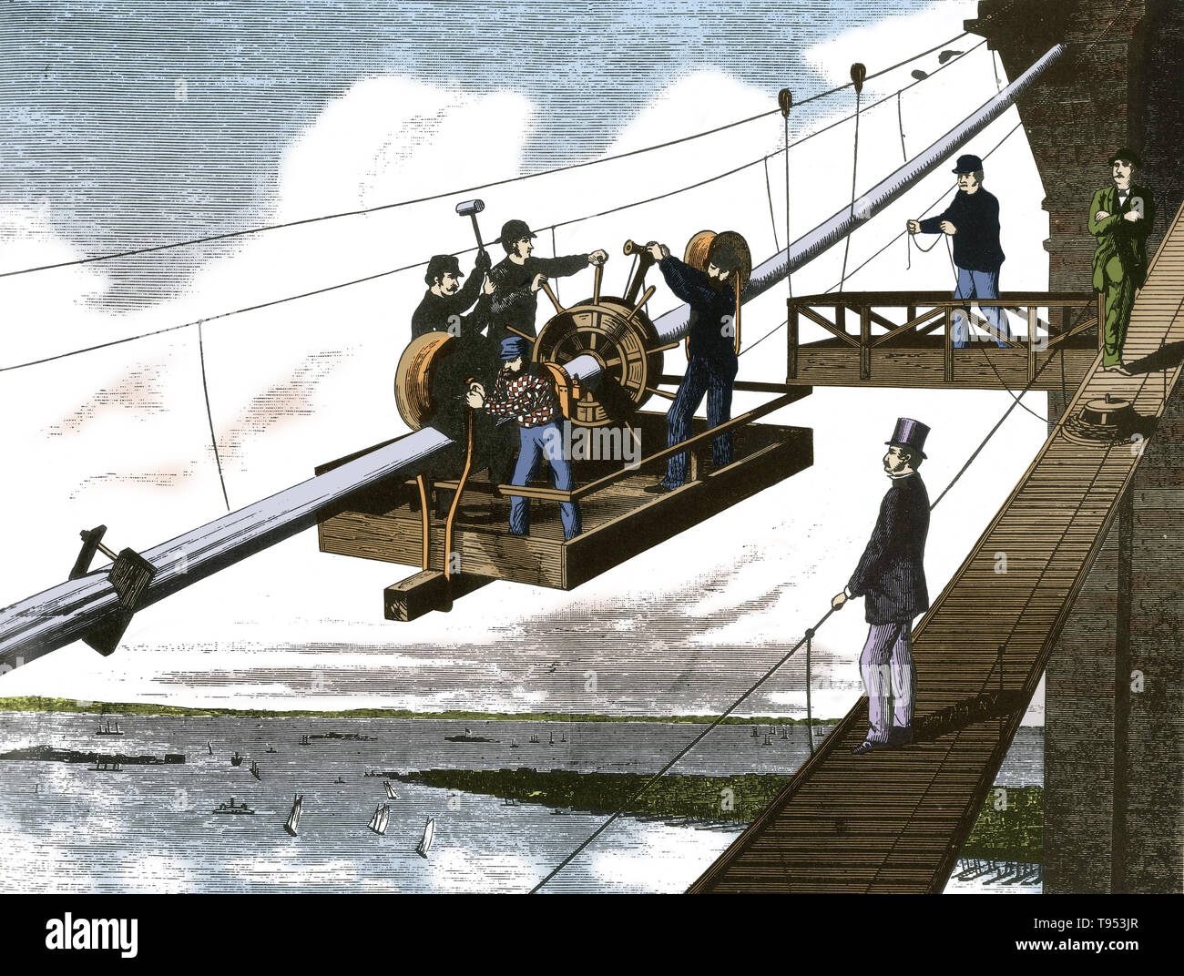 Un intreccio di funi di sospensione. Il Ponte di Brooklyn è uno dei più antichi ponti di sospensione negli Stati Uniti. Completato nel 1883, si collega il distretto di Manhattan e Brooklyn dal spanning l'East River. Con un intervallo principale del 1,595.5 piedi, era il più lungo ponte sospeso in tutto il mondo dalla sua apertura fino al 1903, e il primo filo d'acciaio ponte di sospensione. Foto Stock