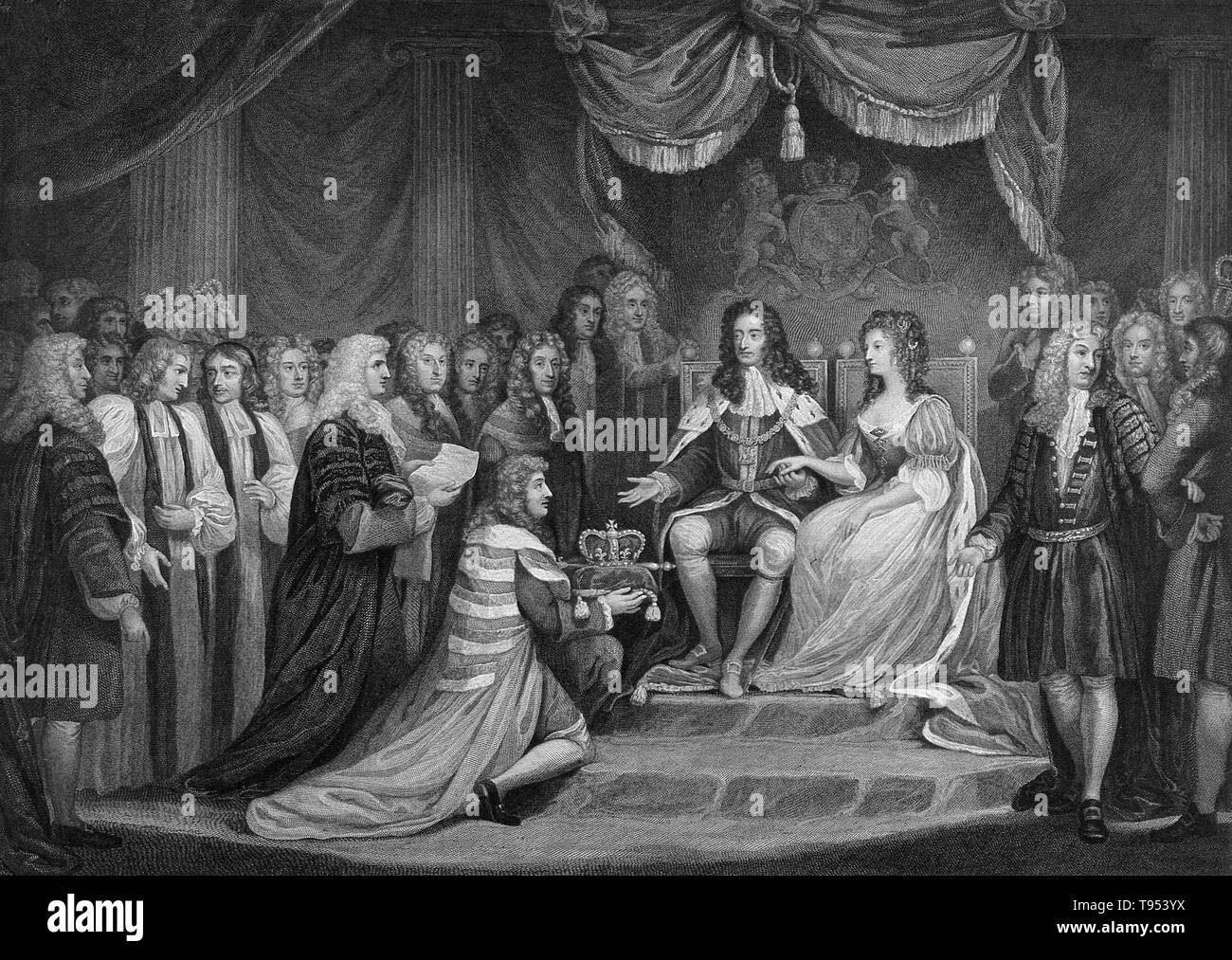 Titolo: ''Guglielmo d Orange, e Maria, sua moglie inglese sono presentati con la corona. William III & II (4 novembre 1650 - 8 Marzo 1702) era un principe sovrano di arancio della casa di Orange-Nassau dalla nascita. Dal 1689 ha regnato come William III su Inghilterra e Irlanda. Come re di Scozia, egli è conosciuto come William II. Nel 1688 egli ha invaso l'Inghilterra in un azione che infine deposto re Giacomo II e VII e ha vinto lui le corone di Inghilterra e Scozia e Irlanda. Foto Stock