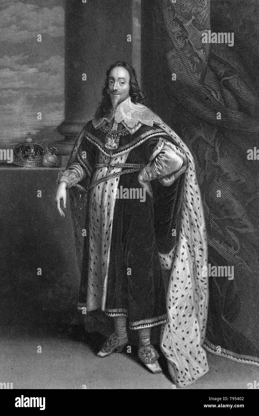 Charles I (19 novembre 1600 - 30 gennaio 1649) è stato monarca dei tre regni di Inghilterra, in Scozia e in Irlanda dal 27 marzo 1625 fino alla sua esecuzione in 1649. Carlo era il secondo figlio del re Giacomo VI di Scozia, ma dopo che il suo padre ha ereditato il trono Inglese nel 1603, si trasferì in Inghilterra, dove ha trascorso la maggior parte del resto della sua vita. Dopo la sua successione, Charles oggetto di contesa con il Parlamento dell'Inghilterra, che ha cercato di frenare la sua prerogativa regale. Foto Stock