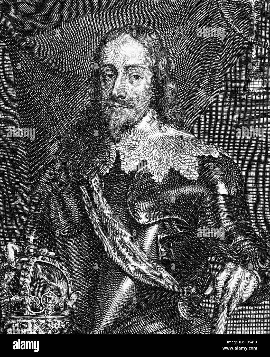 Charles I (19 novembre 1600 - 30 gennaio 1649) è stato monarca dei tre regni di Inghilterra, in Scozia e in Irlanda dal 27 marzo 1625 fino alla sua esecuzione in 1649. Carlo era il secondo figlio del re Giacomo VI di Scozia, ma dopo che il suo padre ha ereditato il trono Inglese nel 1603, si trasferì in Inghilterra, dove ha trascorso la maggior parte del resto della sua vita. Dopo la sua successione, Charles oggetto di contesa con il Parlamento dell'Inghilterra, che ha cercato di frenare la sua prerogativa regale. Foto Stock