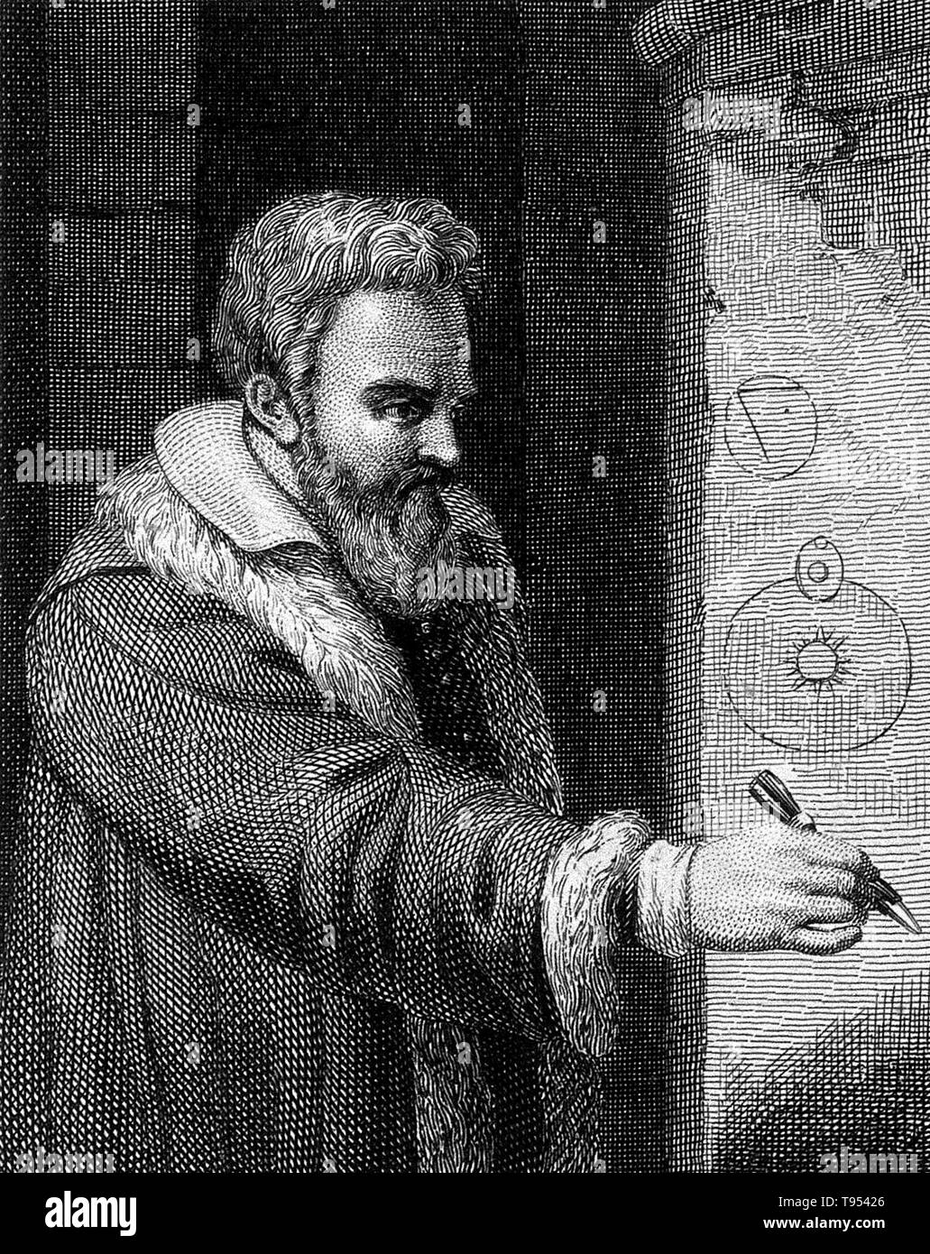 Galileo Galilei (Febbraio 15, 1564 - 8 gennaio 1642) era un fisico italiano, matematico, astronomo e filosofo che ha giocato un ruolo importante nella Rivoluzione Scientifica. I suoi successi includono miglioramenti al telescopio, importanti osservazioni astronomiche e supporto per Copernicanism. Egli ha scoperto le montagne della Luna, i quattro maggiori lune di Giove e numerose stelle dim. Ha studiato il moto di un pendolo e ha scoperto che le altalene hanno un periodo di tempo costante. Foto Stock