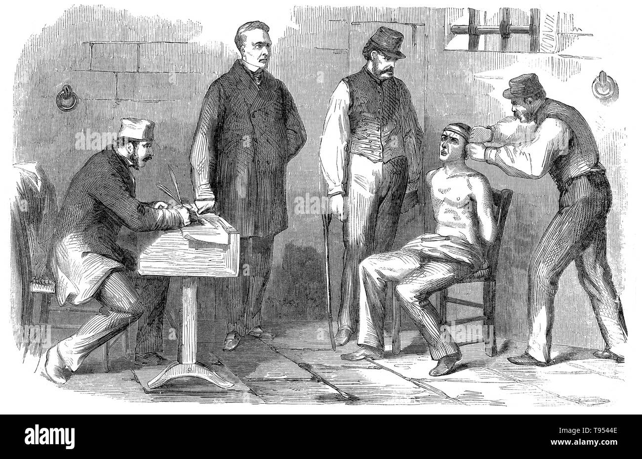 Harper's Weekly: ' i giornali sono pieni di conti del diabolico crudeltà praticata dal napoletano aguzzini su prigionieri politici: ora possiamo incidere una scena di tortura che renderà il sangue di molti un lettore run cold. L incisione rappresenta la applicazione del laccio di un prigioniero che è sospettato di simpatia con Garibaldi. Il laccio emostatico è una corda passata attorno alla testa e serrati per mezzo di un bastone in esso inserito fino a quando la pelle non presenti incrinature e gli occhi a partire da rispettive prese. Foto Stock