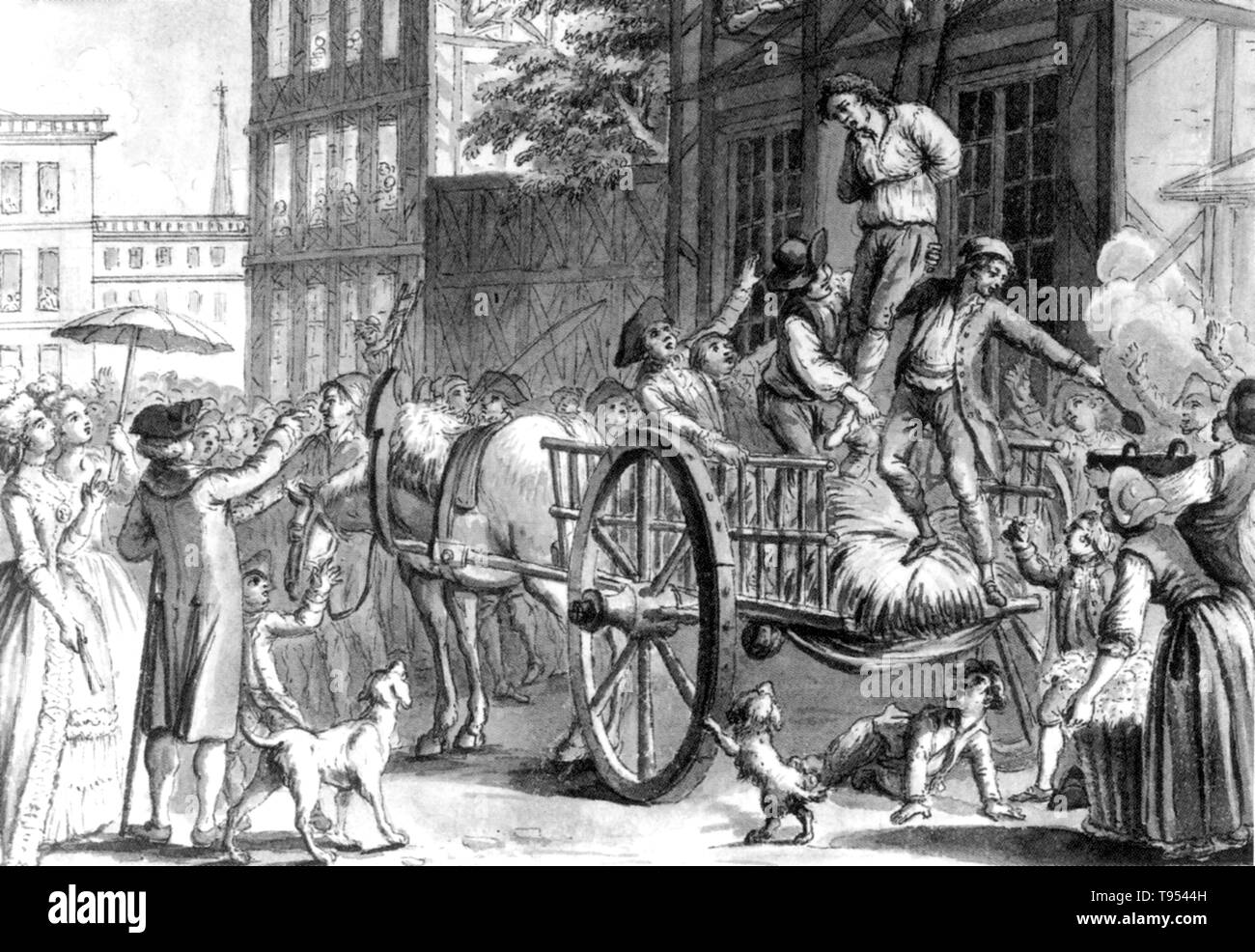 Radicale attacco Bostonians un governo esattore delle tasse, rivestimento a lui con caldo, catrame appiccicoso e copertura a lui con piume. Tarring e sfrangiamento è una forma di umiliazione pubblica utilizzati per imporre il non ufficiale di giustizia o di vendetta. Esso è stato utilizzato in Europa feudale e le sue colonie nel primo periodo moderno, come pure i primi frontiera americana, soprattutto come un tipo di vendetta mob. Foto Stock