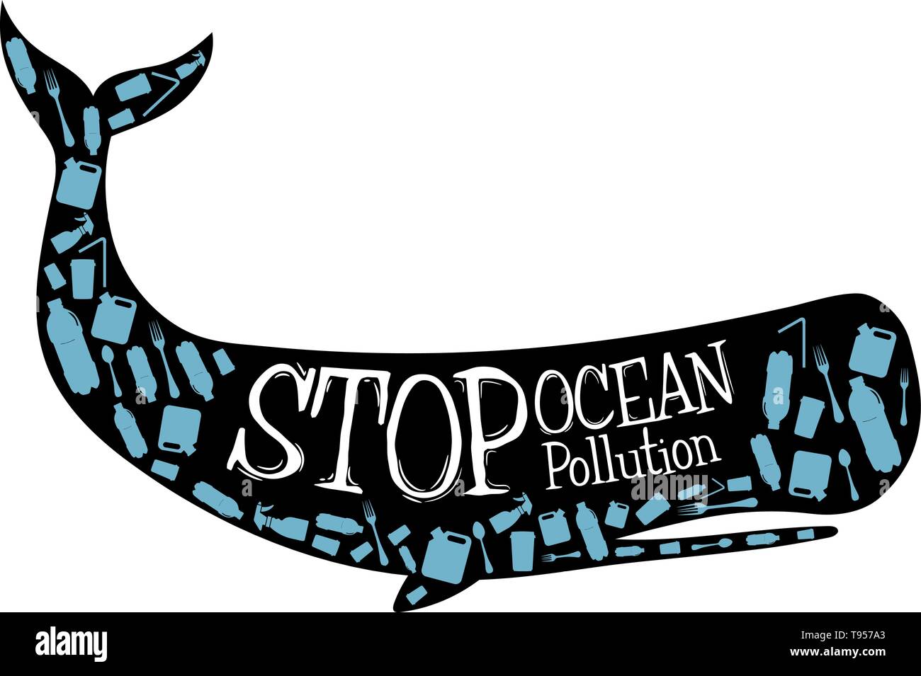 Whale fill con plastica Stop oceano inquinamento messaggio in formato vettoriale Illustrazione Vettoriale