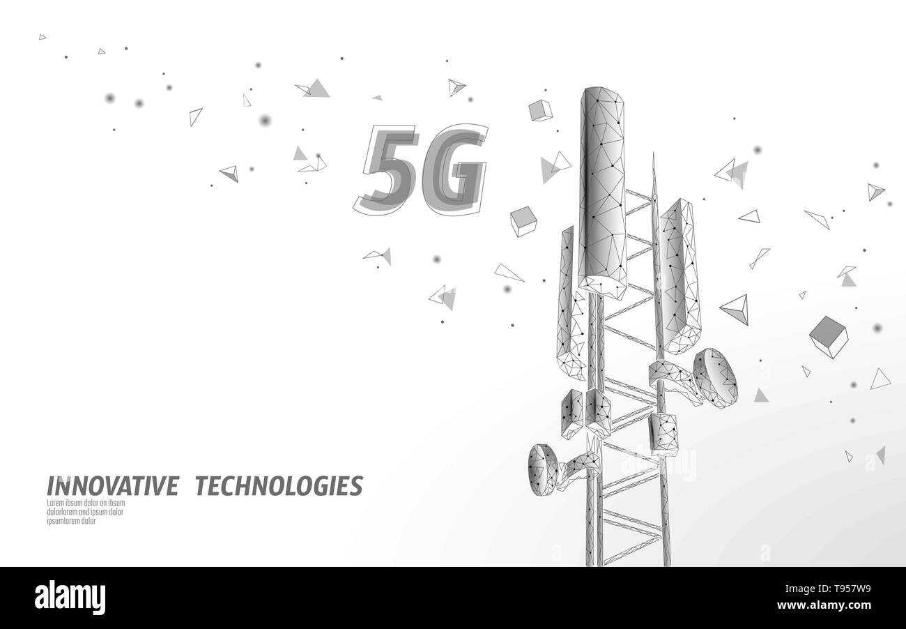 3d ricevitore della stazione base. torre di telecomunicazioni 5g design poligonale globale informazioni di connessione trasmettitore. L'antenna della radio mobile vettore cellulare Illustrazione Vettoriale