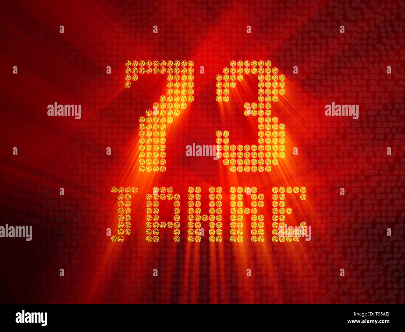 Il tedesco numero aureo settanta-tre anni (numero 73 anni) font tratteggiata, vista dall'alto, con i raggi di luce. 3D illustrazione Foto Stock