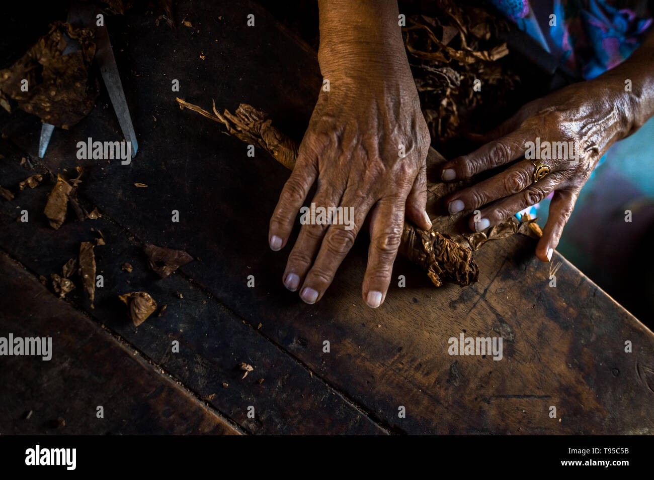 Le mani di Laura Peña, un 67-anno-vecchia donna di El Salvador, sono visti durante il rotolamento delle foglie di tabacco per fare sigari fatti a mano in Suchitoto, El Salvador. Foto Stock