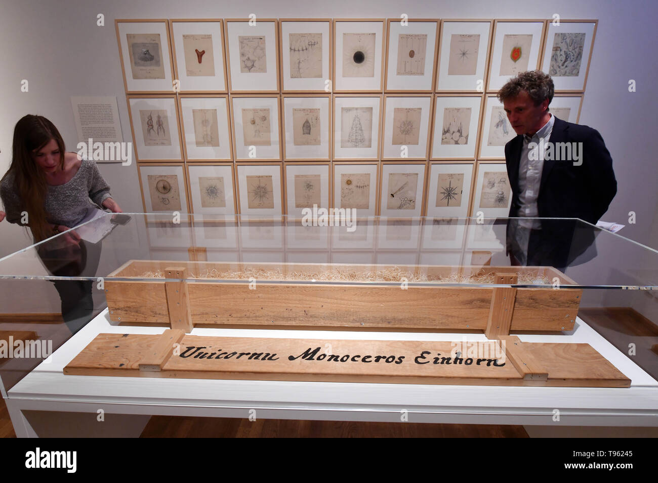Jena, Germania. Il 17 maggio 2019. Erik Stephan (r), curatore del Kunstsammlung Jena, guarda al Mark Dion opera di arte "Unicorn' dal 2002 durante il press tour nella mostra 'Kunstformen der Natur' nell'Stadtmuseum. La mostra in occasione del centenario della morte di uno zoologo, filosofo e freethinker Ernst Haeckel (1834-1919) mostra numerose opere d'arte originali da Haeckel e domande la loro arte-significato storico. Esso può essere visto dal 18 maggio al 11 agosto. Credito: Martin Schutt/dpa-Zentralbild/dpa/Alamy Live News Foto Stock