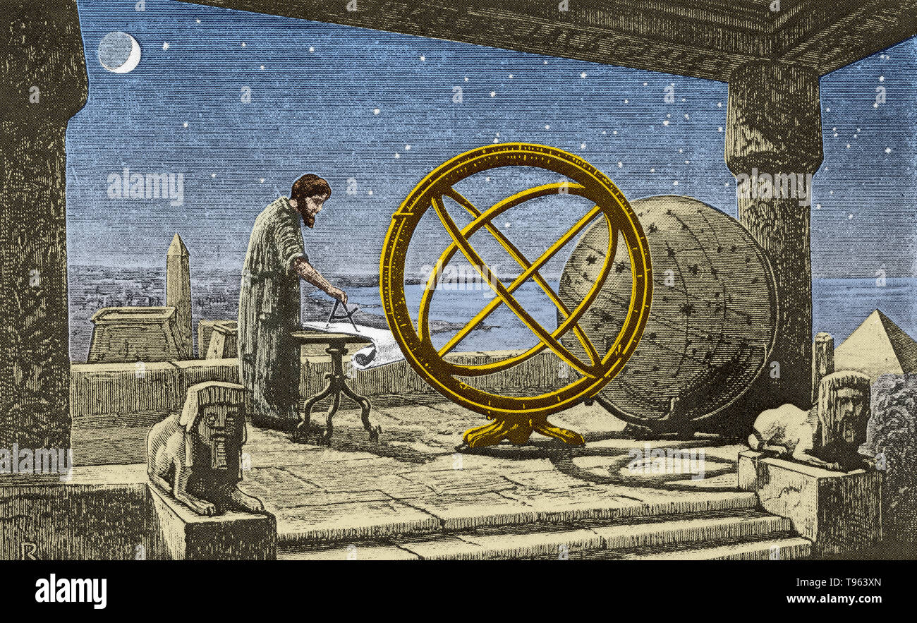 Ipparco nel suo osservatorio di Alessandria. Nel centro è una sfera armillare (quadro sferica di anelli, centrato sulla terra, che rappresentano le linee celesti di longitudine e latitudine ed altri astronomicamente importanti funzioni come l' eclittica). Ipparco (190-120 a.C.), era un astronomo greco, geografo e matematico del periodo ellenistico. Foto Stock