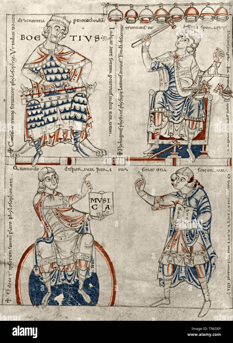Anicius Manlius Severinus Boezio, comunemente chiamato Boezio (480-524/525 AD) era un filosofo degli inizi del VI secolo a. Boezio, della nobile famiglia Anicia, inserito la vita pubblica in giovane età ed era già un senatore dall'età di 25. Questa illustrazione è da Boezio' De institutione musica, è stata una delle prime opere musicali per essere stampata a Venezia tra gli anni di 1491 e 1492. Foto Stock