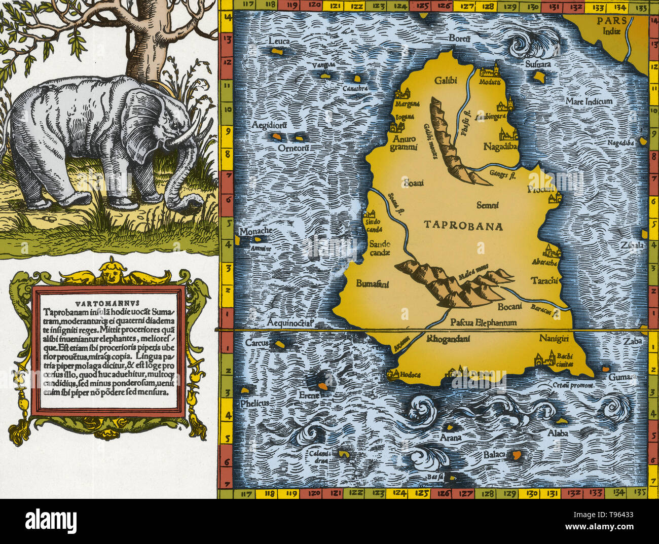 Tolomeo mappa di Ceylon in base alla descrizione contenuta nel Tolomeo Geographia libro, scritto 150 annuncio. Sebbene autentica mappe non sono mai stati trovati, il Geographia contiene migliaia di riferimenti a varie parti del vecchio mondo con le coordinate per la maggior parte, che ha permesso che i cartografi per ricostruire quella di Tolomeo la visione del mondo quando il manoscritto è stato ri-scoperta intorno al 1300 D.C. Foto Stock