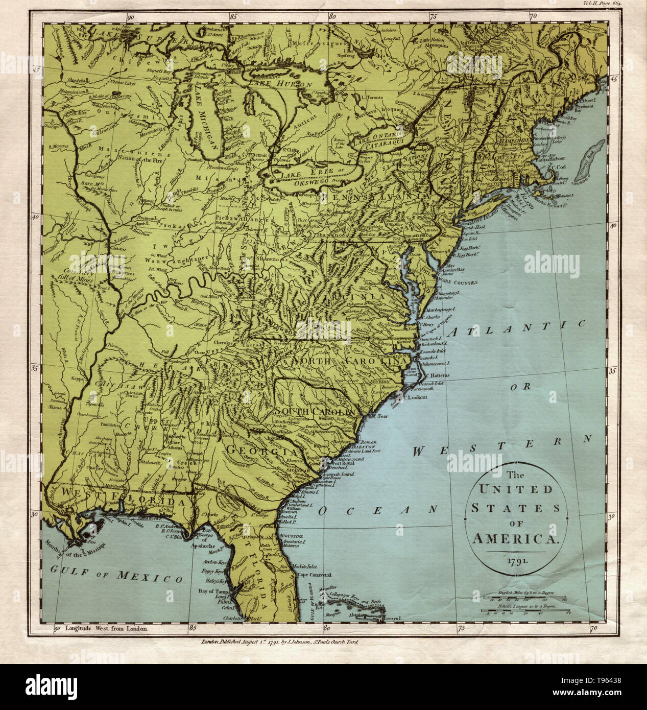 Una mappa degli Stati Uniti d'America, 1791, con il 'Atlantic o Western Ocean' marcato, così come 'West Florida." creato da J. Johnson, Chiesa di San Paolo cantiere. Questa immagine è stata migliorata a colori. Foto Stock