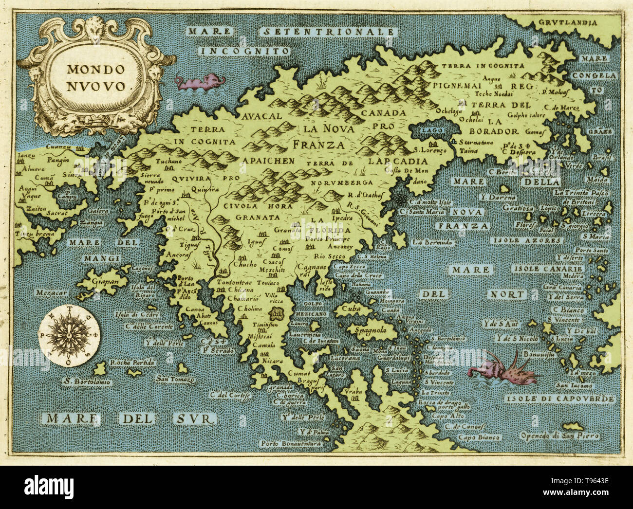 Mappa del Mondo Nuovo, 1572. Da Thomaso Porcacchi. Questa immagine è stata migliorata a colori. Foto Stock