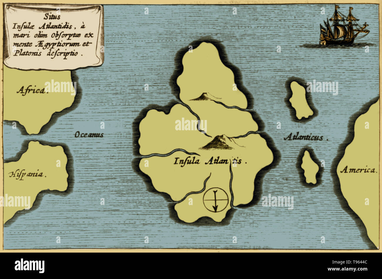 La colorazione di Athanasius Kircher, mappa di Atlantis, nel mezzo dell'Oceano Atlantico da Mundus subterraneus, 1665 edition. La mappa è orientata con il sud in alto. La storia del continente perduto di Atlantide inizia nel 355 A.C. con il filosofo greco Platone. Foto Stock