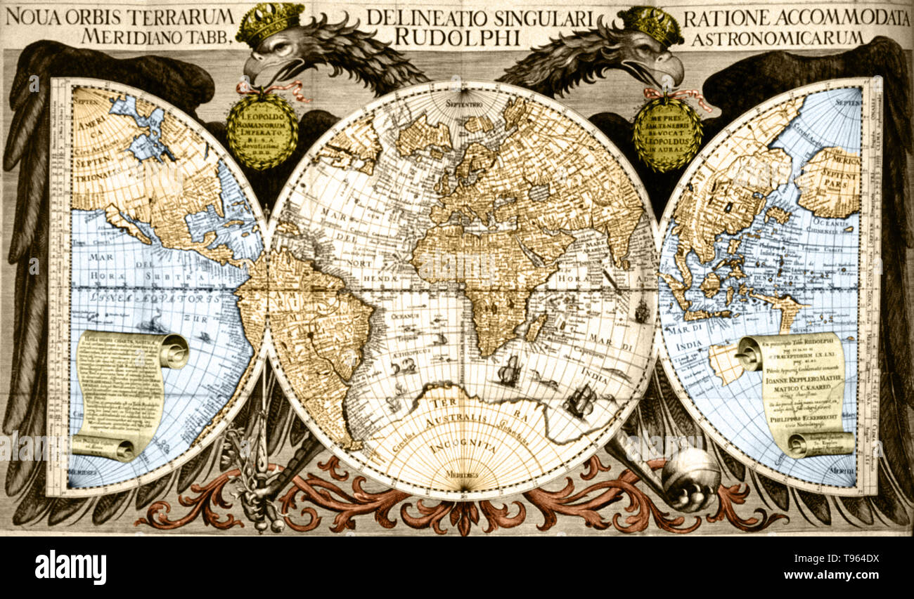 Colore esaltato mappa del mondo da Kepler Tabulae Rudolphinae, quibus astronomicae scientiae, temporum longinquitate collapsae restauratio continetur. Il Rudolphine tavole sono costituite da un catalogo stellare e il planetario tabelle pubblicate nel 1627 utilizzando i dati da Tycho Brahe osservazioni. Johannes Kepler (1571-1630) era un matematico tedesco, astronomo e astrologo. Foto Stock