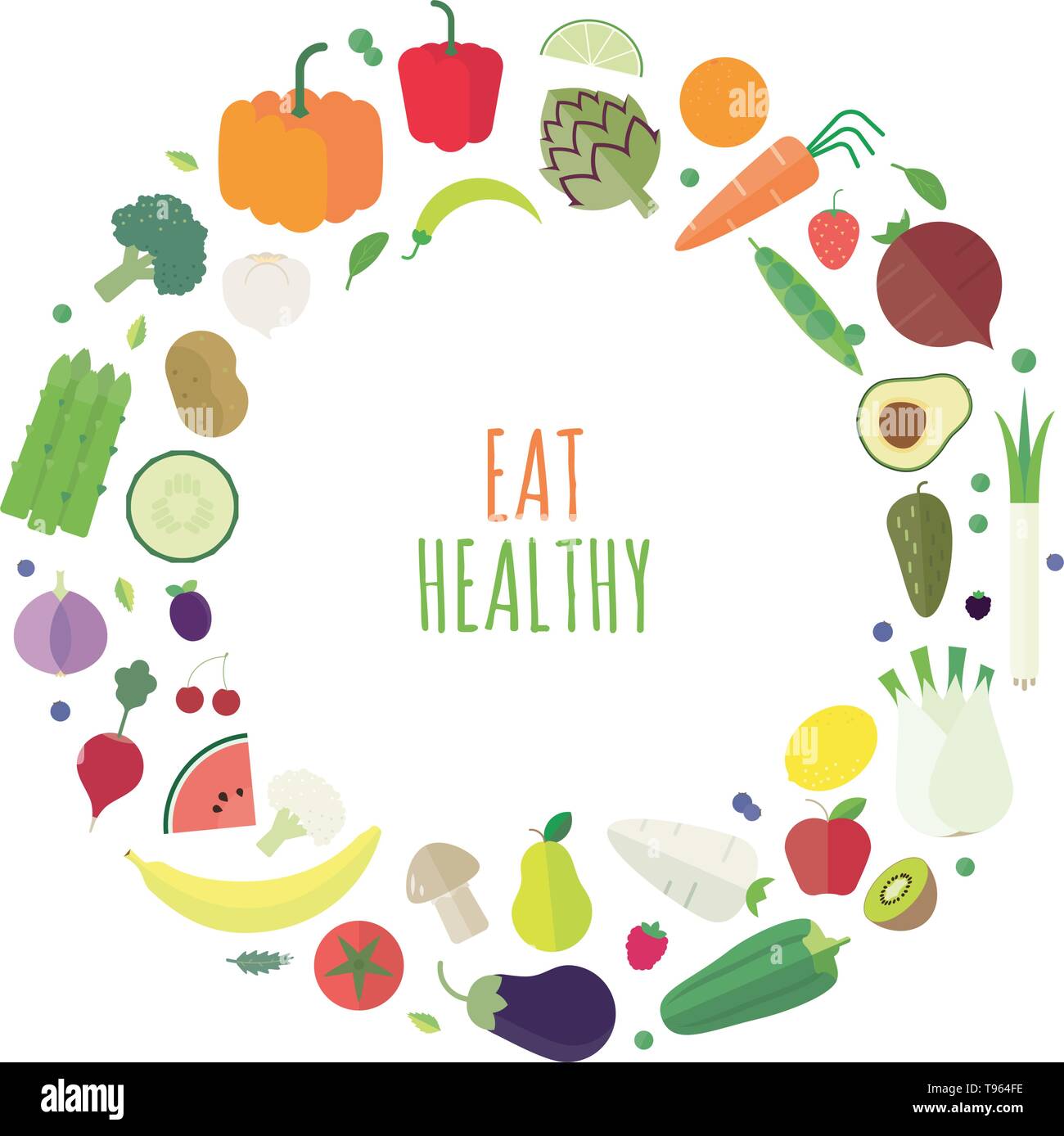 Mangiare sano concetto. Varietà di ortaggi e frutta disposti in un cerchio. Design piatto illustrazione vettoriale. Illustrazione Vettoriale