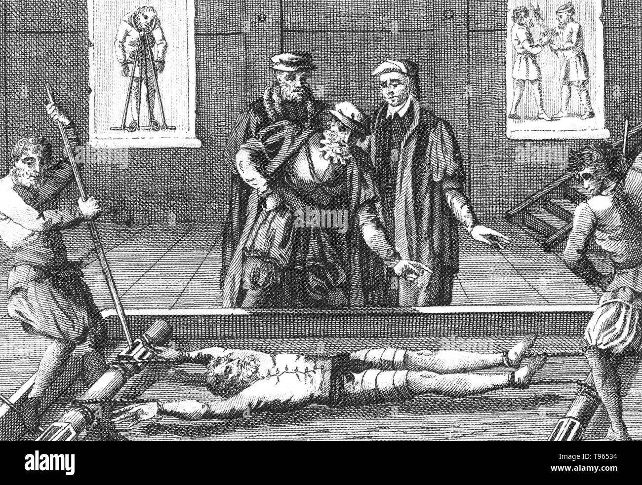 La cremagliera è una tortura dispositivo costituito da una forma rettangolare, solitamente il telaio in legno, leggermente sollevata dal terreno con un rullo in corrispondenza di una o entrambe le estremità. La vittima le caviglie sono fissato ad un rullo ed i polsi sono concatenate all'altro. Come l'interrogazione progredisce, una maniglia ed un meccanismo a cricchetto collegato al rullo superiore sono utilizzati per molto gradualmente aumentare la tensione sulle catene, inducendo un dolore straziante. Foto Stock