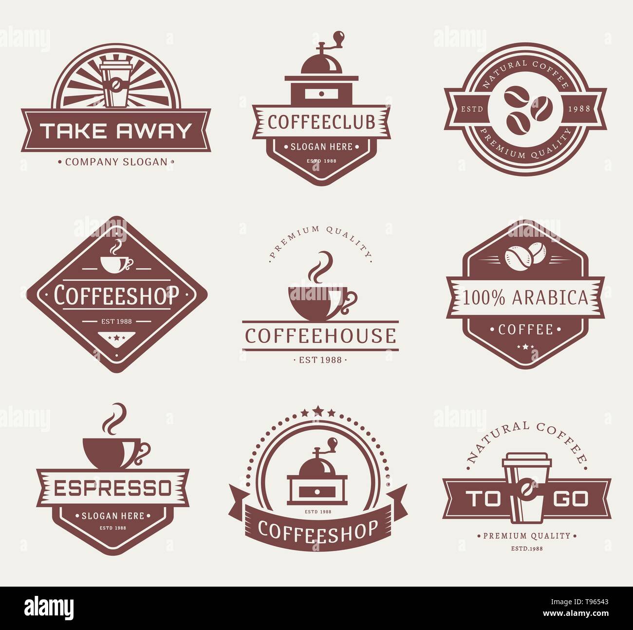Logo di caffè modelli. Set di etichette per coffee shop o cafe. Logotipi isolati su sfondo bianco. Vettore Collezione. Illustrazione Vettoriale