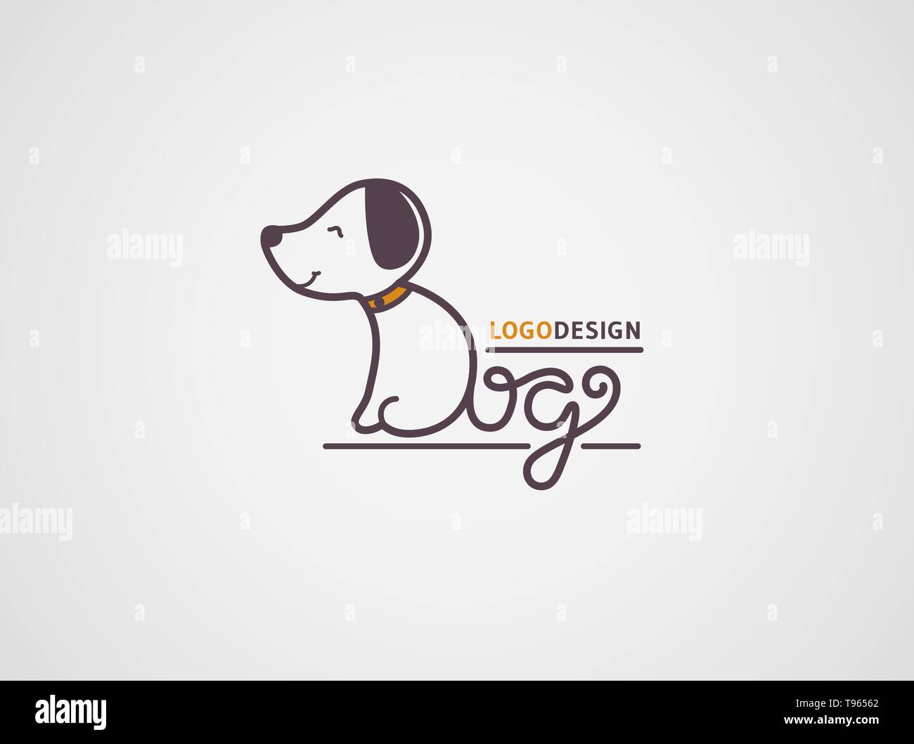 Il logo del cane modello. Felice logotipo cucciolo isolato su sfondo bianco. Il corpo e la coda sono realizzati da disegnati a mano lettere cane. Vector concept design. Illustrazione Vettoriale