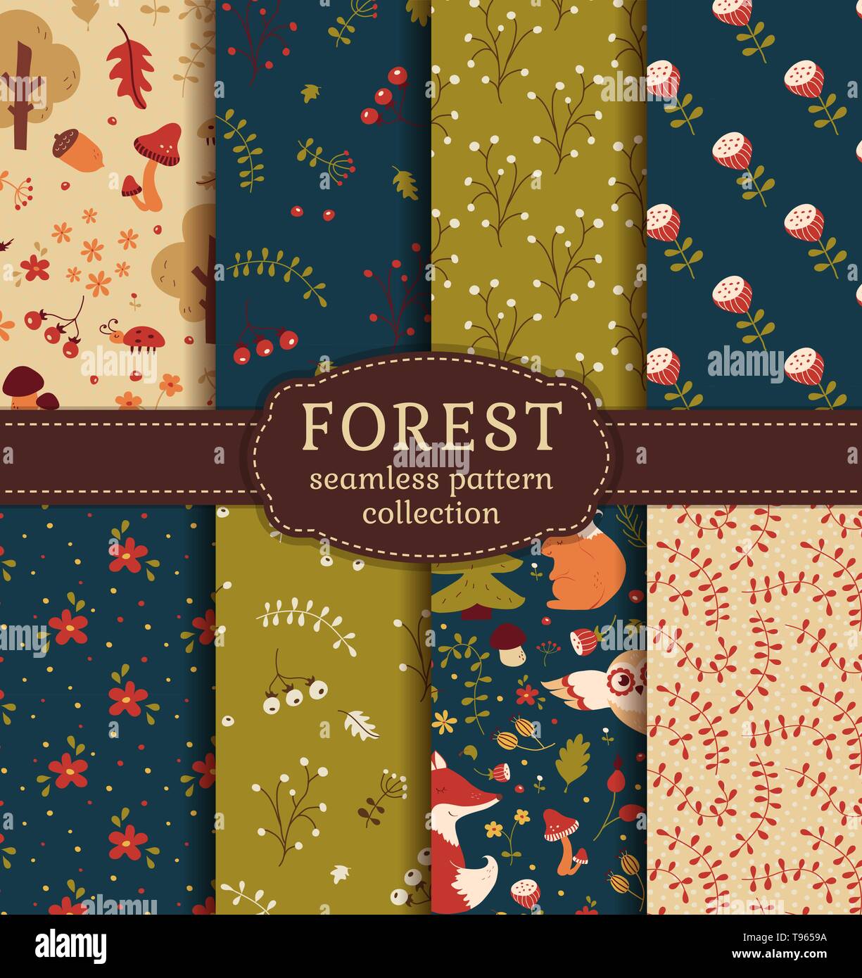 Forest senza giunture con animali, fiori e piante disegnati a mano. Set di graziosi tessuti naturali in blu, verde, rosso e beige. Vettore. Illustrazione Vettoriale