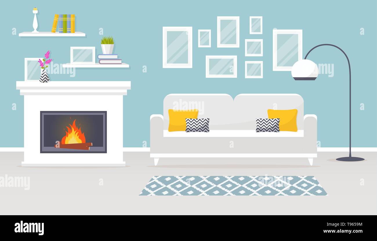 Gli interni moderni del soggiorno. Banner di vettore. Progettazione di un accogliente sala con divano letto e camino e decor e accessori. Illustrazione Vettoriale