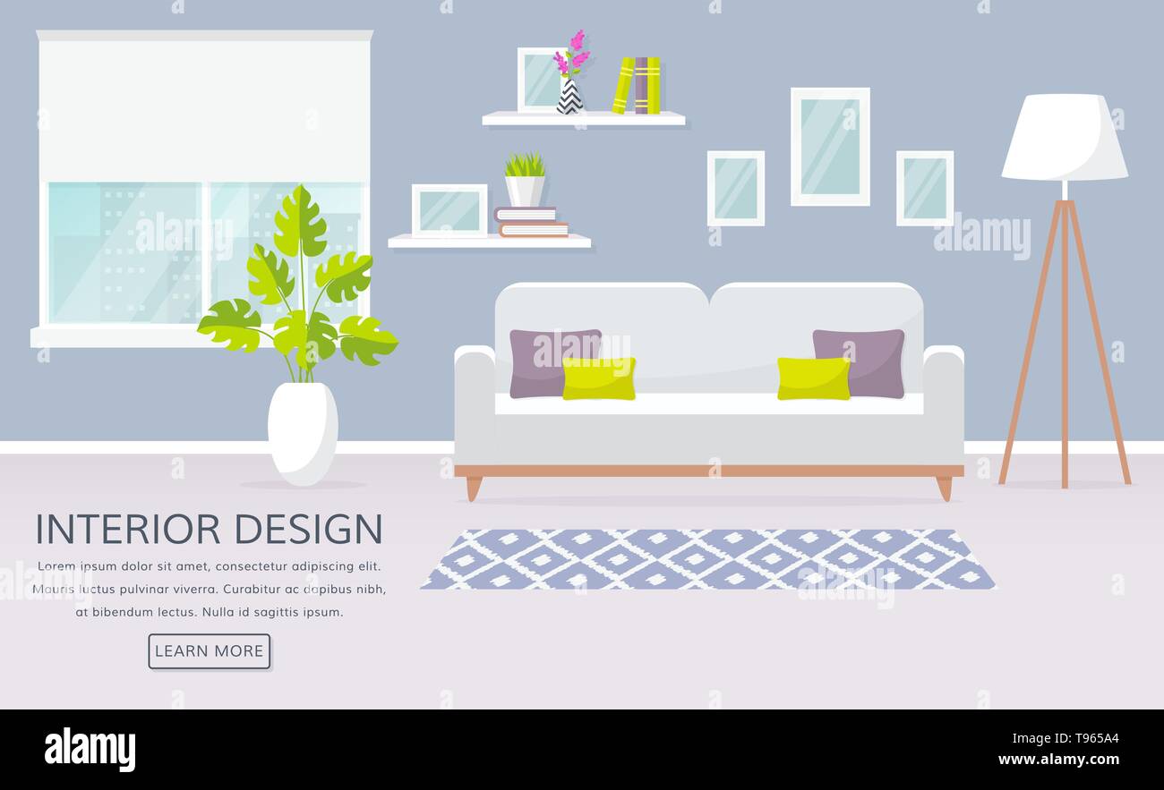Gli interni moderni del soggiorno. Banner di vettore con posto per il testo. Progettazione di un accogliente sala con divano, finestra, lampada e decor e accessori. Illustrazione Vettoriale