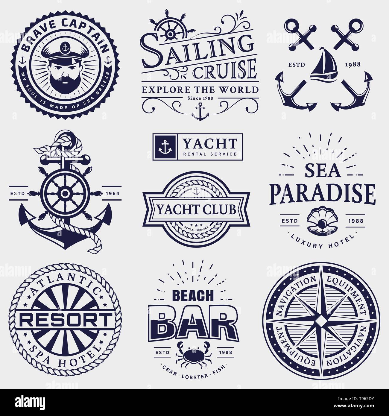 Mare e nautica badge tipografia set. I modelli vettoriali per la crociera in barca a vela, yachting hotel resort, di navigazione e di altri temi. Illustrazione Vettoriale