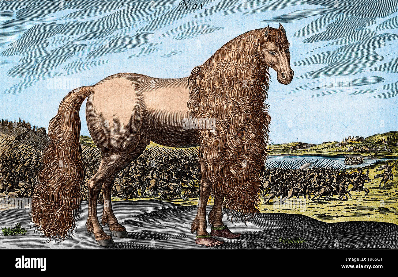 Un cavallo con una lunga criniera e piedi umani alla fine delle sue zampe anteriori, in piedi di fronte ad una battaglia. Incisione storico dal 1720. Foto Stock