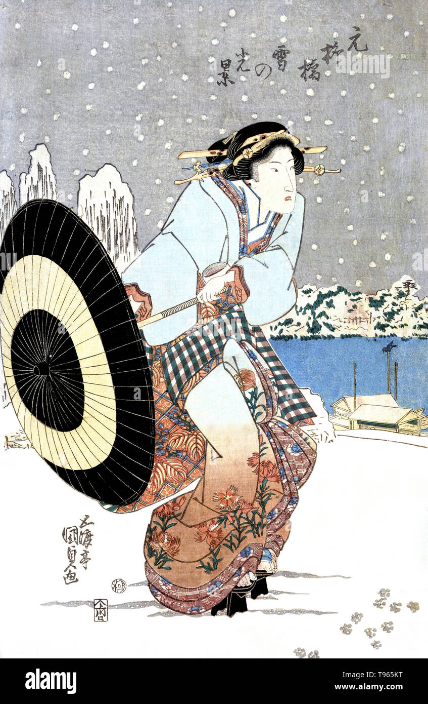 Moto-yanagibashi yuki kokei n. Di notte la scena di neve a ponte Motonoyanagi. Donna aprendo un ombrellone mentre passeggiate nella neve durante la notte nei pressi del ponte Motonoyanagi. Ukiyo-e (immagine del mondo fluttuante) è un genere di arte giapponese che fiorì dal XVII attraverso il XIX secolo. Ukiyo-e è stato centrale per formare l'Occidente la percezione dell'arte giapponese nel tardo XIX secolo. Utagawa Kunisada, circa 1818-30. Foto Stock
