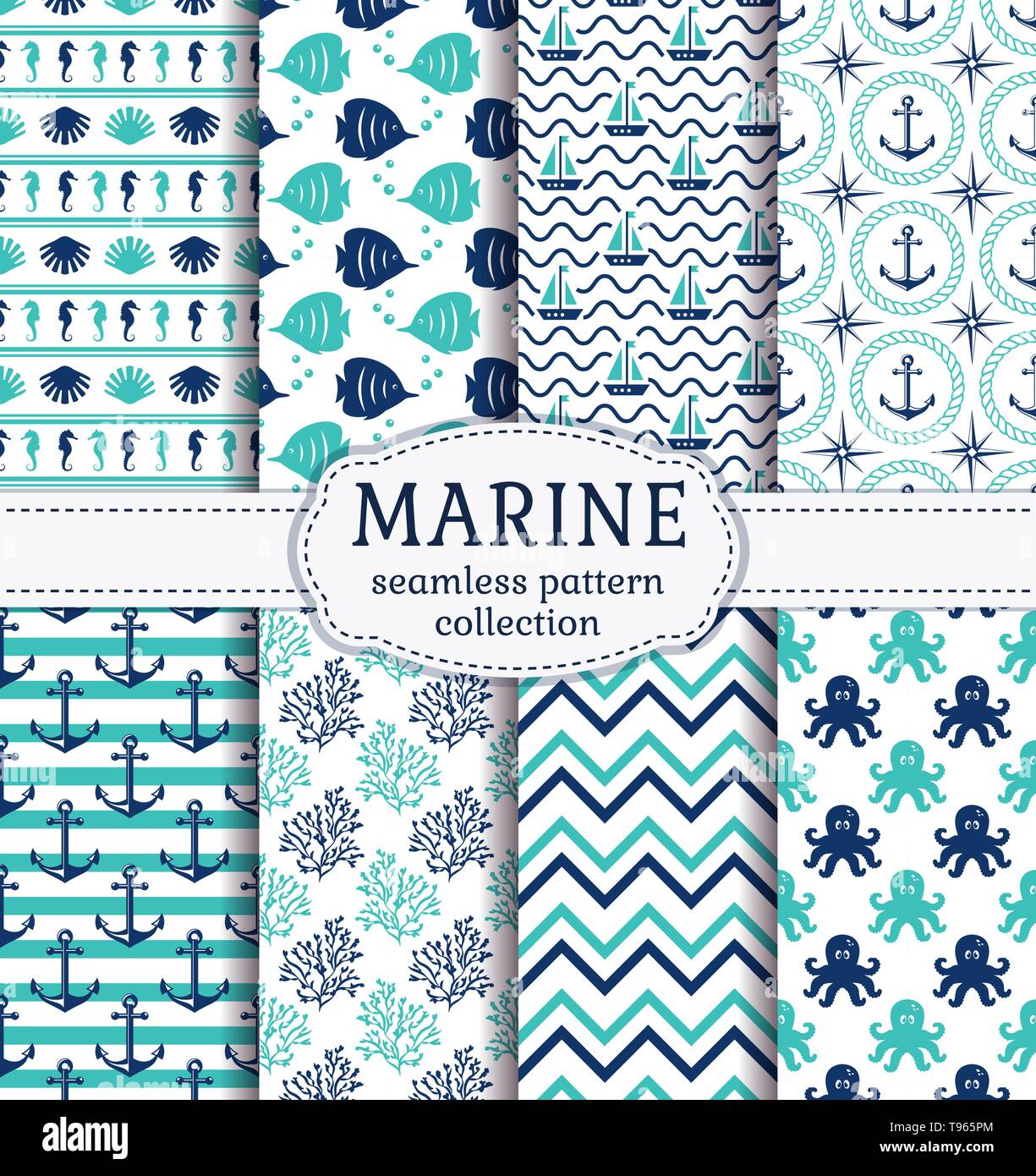 Set di marine e gli sfondi nautico in blu navy, turchese e di colore bianco. Il tema del mare. Carino seamless raccolta modelli. Illustrazione Vettoriale. Illustrazione Vettoriale
