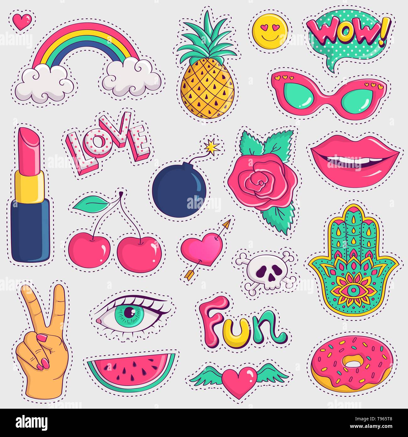Set di carino e alla moda e patch. Colorati disegnati a mano adesivi su sfondo bianco. Vettore Collezione. Illustrazione Vettoriale