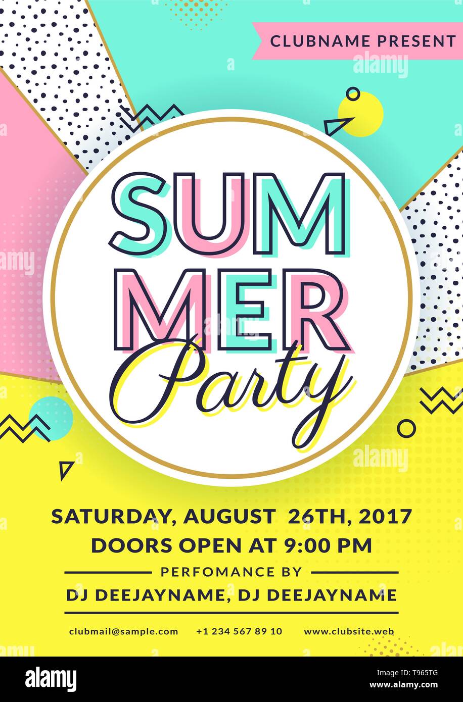 Summer Party invito. Modello di Flyer. Il design del vettore nel quartiere alla moda di stile geometrico. Illustrazione Vettoriale