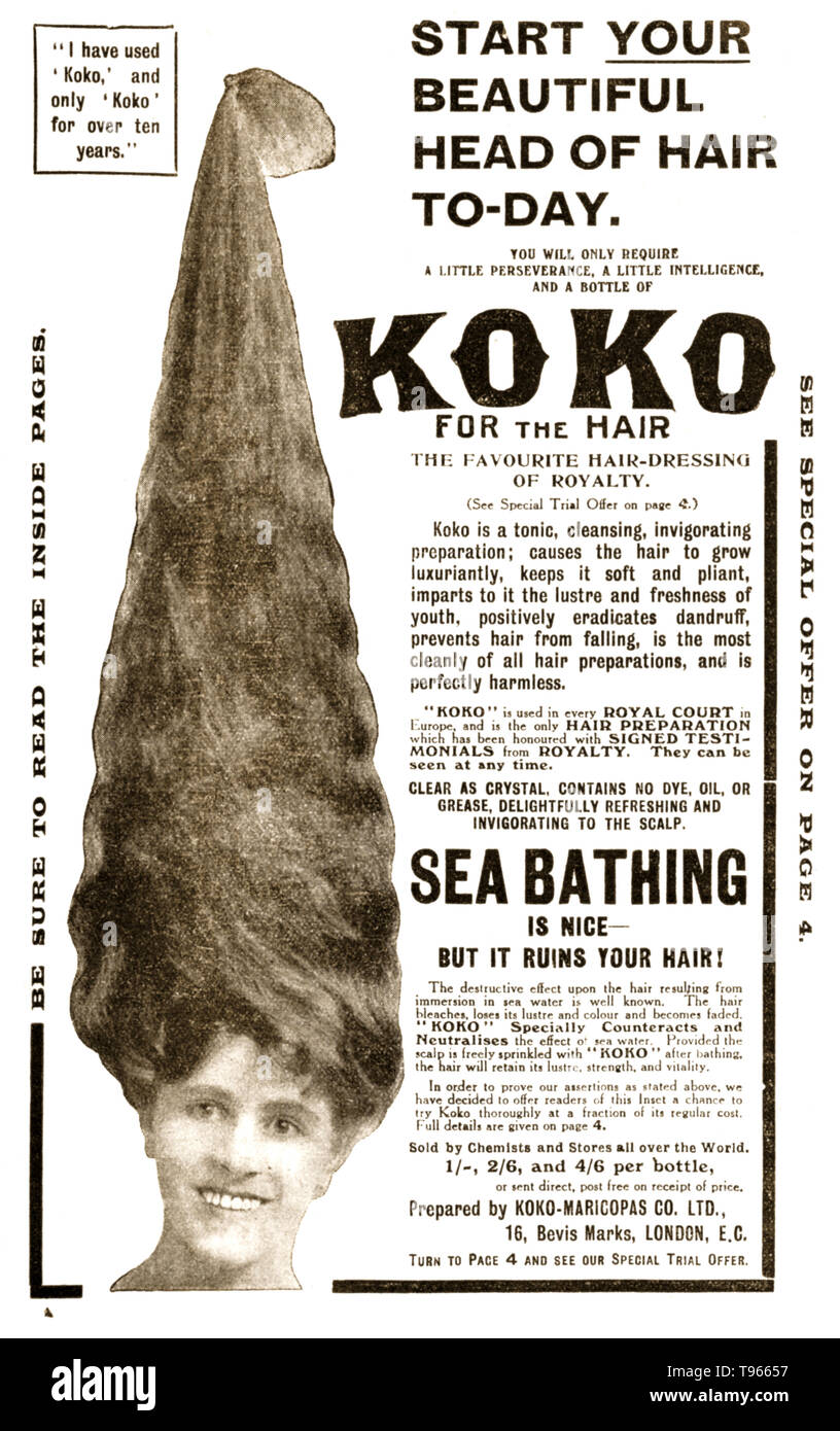 Foglio illustrativo pubblicità Koko shampoo dal 1909. Probabilmente sarebbe stato inserito in una popolare rivista. Koko per i capelli è stata fatta a Londra in Inghilterra da una società denominata Koko Maricopas Ltd. In primo luogo è diventato disponibile intorno al 1888 ed era ancora in vendita nel 1915. Foto Stock Foglio illustrativo pubblicità Koko shampoo dal 1909. Probabilmente sarebbe stato inserito in una popolare rivista. Koko per i capelli è stata fatta a Londra in Inghilterra da una società denominata Koko Maricopas Ltd. In primo luogo è diventato disponibile intorno al 1888 ed era ancora in vendita nel 1915. Foto Stock