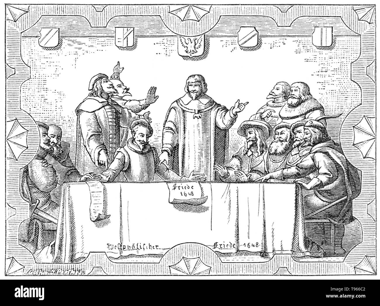 La pace di Westfalia è stata una serie di trattati di pace firmato tra maggio e ottobre 1648 termina la comunità di guerre di religione. Questi trattati si è conclusa la guerra dei trenta anni (1618-48) nel Sacro Romano Impero tra gli Asburgo e i loro alleati cattolici su un lato e le potenze protestanti (Svezia, Danimarca, olandese e Santa Romana principati) e loro Cattolica (Francia) Anti-Habsburg alleati dell'altro. Foto Stock