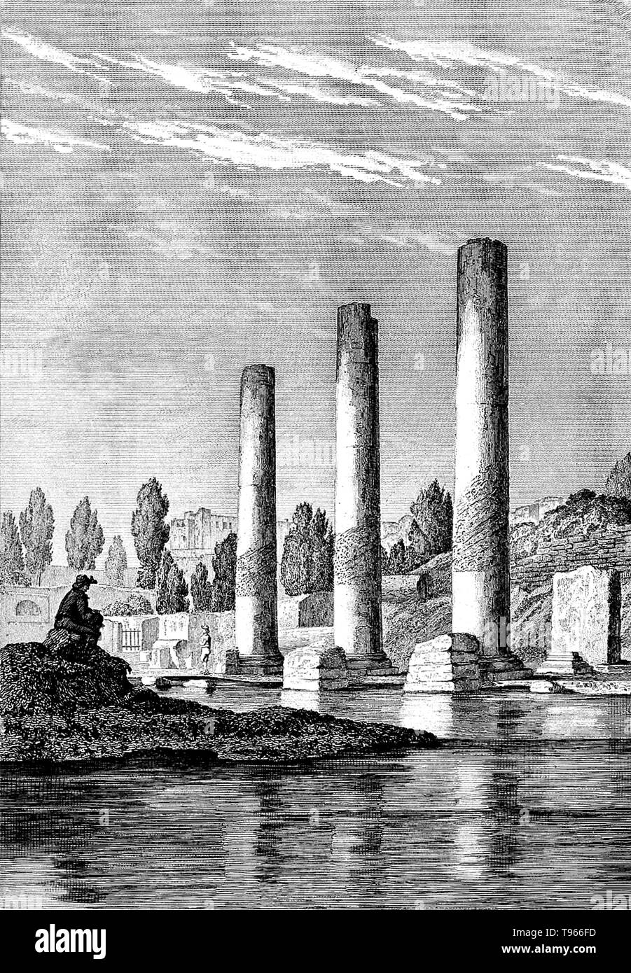 Il Tempio di Giove Serapide a Puzzuoli, Napoli, Italia. Questo tempio romano è stato parzialmente sommerso dopo la costruzione, e successivamente è stato sollevato. La superficie irruvidita nel mezzo di ciascuna colonna mostra l'effetto di marine rock-noioso vongole (Lithodomus); la linea di demarcazione e la zona liscia nella parte inferiore di ciascuna colonna mostra quanto è stato sepolto nel sedimento, evitando così le vongole. Charles Lyell utilizzato questa immagine come il frontespizio da principi di geologia Vol. Foto Stock