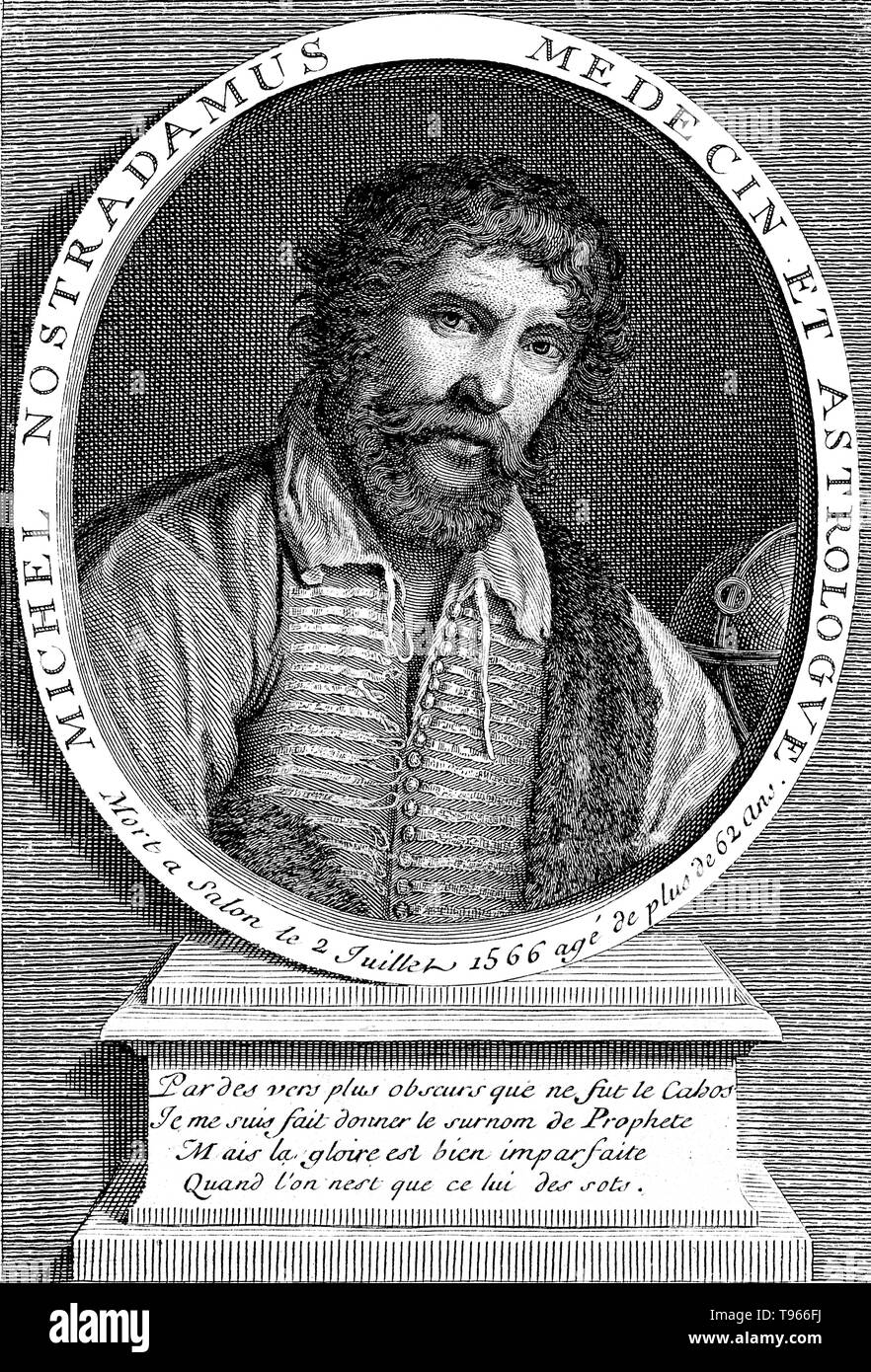 Michel de Nostredame AKA Nostradamus (Dicembre 14 o 21 1503 - luglio 2, 1566) è stato un farmacista francese e reputato il veggente. Egli scrisse un almanacco per 1550 e, come risultato del suo successo, hanno continuato la loro scrittura per gli anni futuri come ha iniziato a lavorare come un astrologo per vari patroni ricchi. Il suo Les Propheties, una raccolta di 942 quatrains poetica predire gli eventi futuri. Il suo libro, pubblicato per la prima volta nel 1555, è stata raramente fuori di stampa poiché la sua morte. Foto Stock