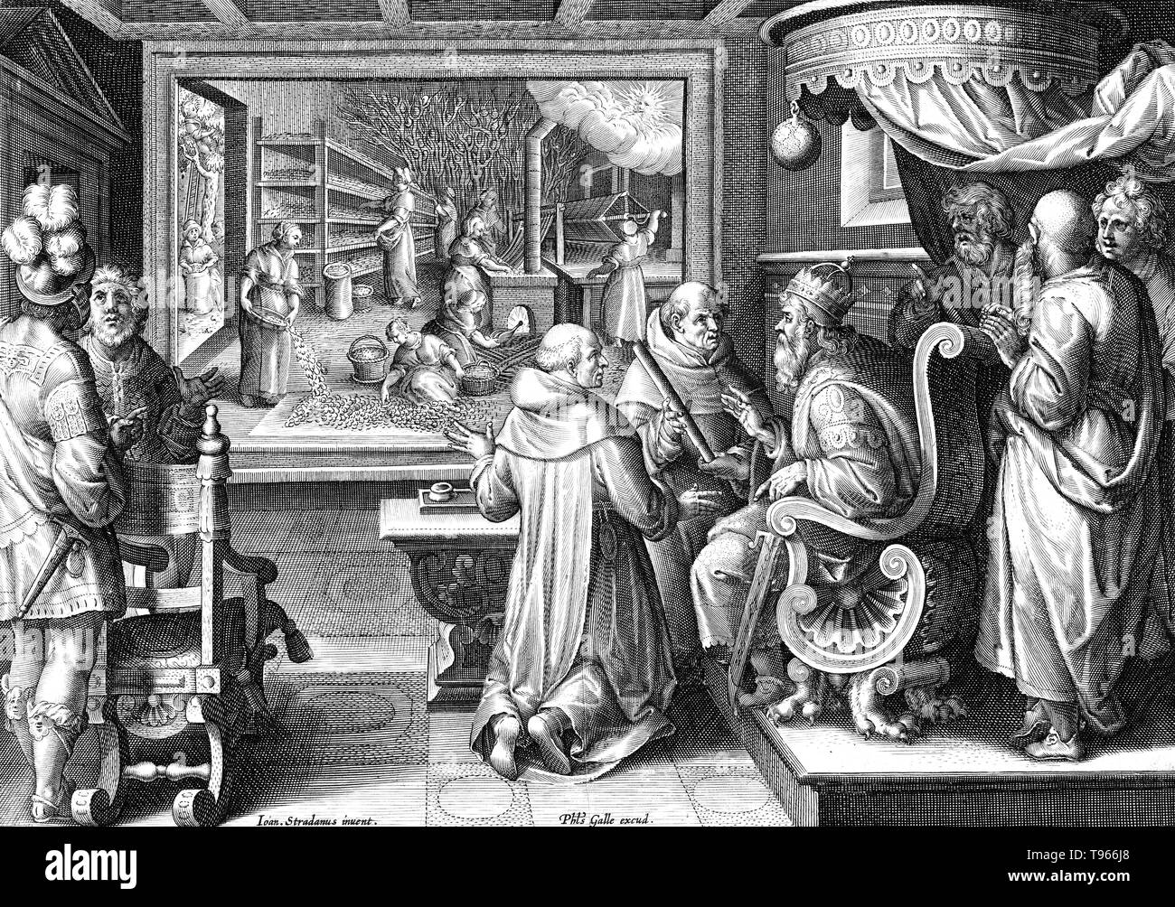 La piastra 8. La produzione della seta. Ottava la piastra da una stampa serie intitolata Nova Reperta (nuove invenzioni dei tempi moderni) costituito da un titolo di pagina e di 19 piastre, incisa da Jan Collaert I, dopo Jan van der Straet, chiamato Stradanus, e pubblicato da Philips Galle. Illustrazione della produzione della seta. Sullo sfondo le donne sono di eseguire varie procedure per la produzione di seta. In primo piano in una sala separata dal sito di produzione, alcuni uomini di conversare con un re seduto sul trono. Foto Stock