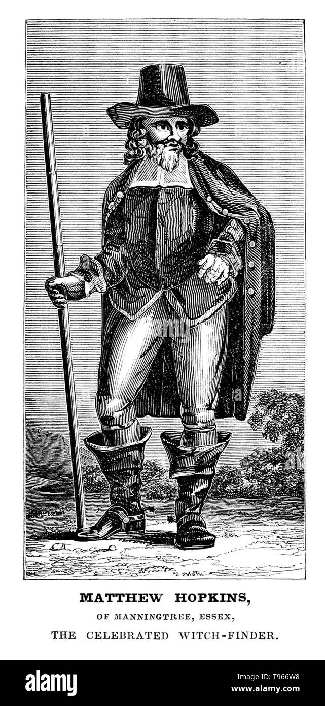 Matthew Hopkins (1620 - 12 agosto 1647) era un inglese witchhunter. Egli ha affermato di tenere la carica di Witchfinder generale, nonostante che il titolo non è mai stata elargita dal Parlamento. La sua strega-ricerca di carriera ha cominciato nel marzo 1644 e durò fino al suo pensionamento nel 1647. Hopkins è creduto di essere stato responsabile della morte di 300 donne. Morì nel 1647, probabilmente di tubercolosi pleurica, all'età di 27. Nessun artista accreditato. Foto Stock