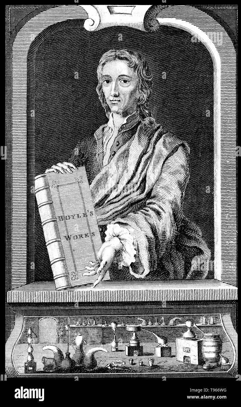 Robert Boyle (25 gennaio 1627 - 31 dicembre 1691) era un irlandese filosofo naturale, chimico, fisico e inventore. Egli è considerato oggi come il primo moderno chimico, e uno dei pionieri della moderna sperimentale metodo scientifico. Tra le sue opere, gli scettici Chymist, pubblicato nel 1661, è visto come una pietra miliare prenota nel campo della chimica. Egli era un devoto e pio e anglicana è notato per i suoi scritti in teologia. Morì nel 1691 all'età di 64. Incisione di B. Cole, 1753. Foto Stock