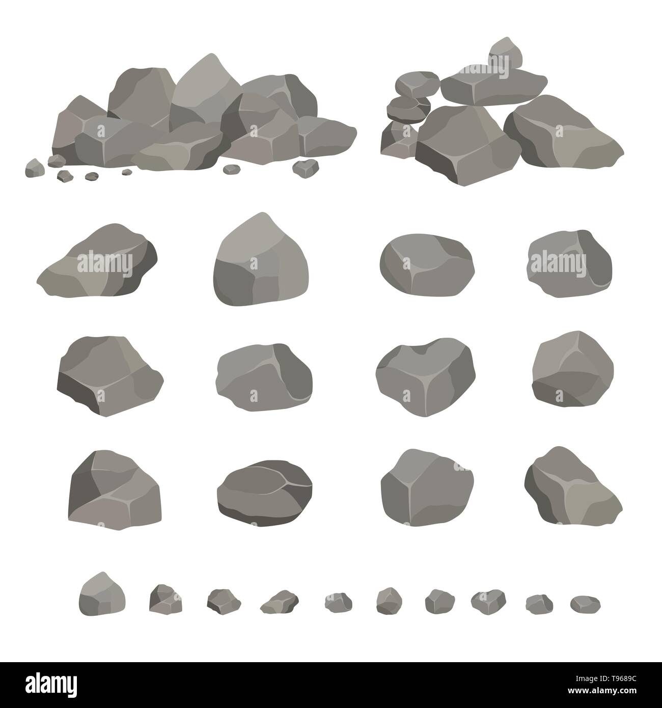 Set di granito grigio pietre di diverse forme. Elemento della natura, montagne, rocce grotte. Minerali, boulder e ciottoli. Illustrazione Vettoriale