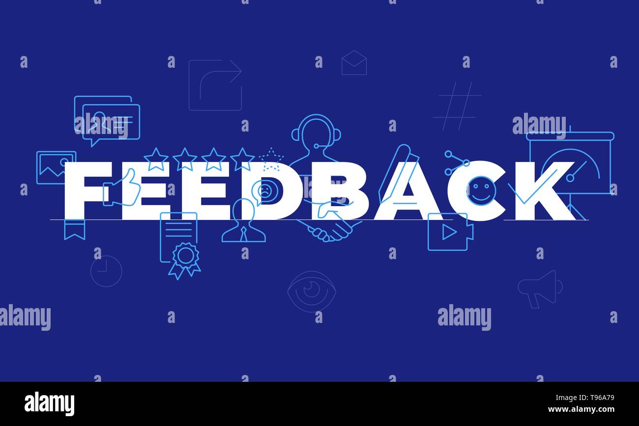 Feedback il concetto di parola. L'Employee Engagement. La soddisfazione del cliente. Isolato caratteri tipografici idea con le icone della linea. Revisione e consigli outli vettore Illustrazione Vettoriale