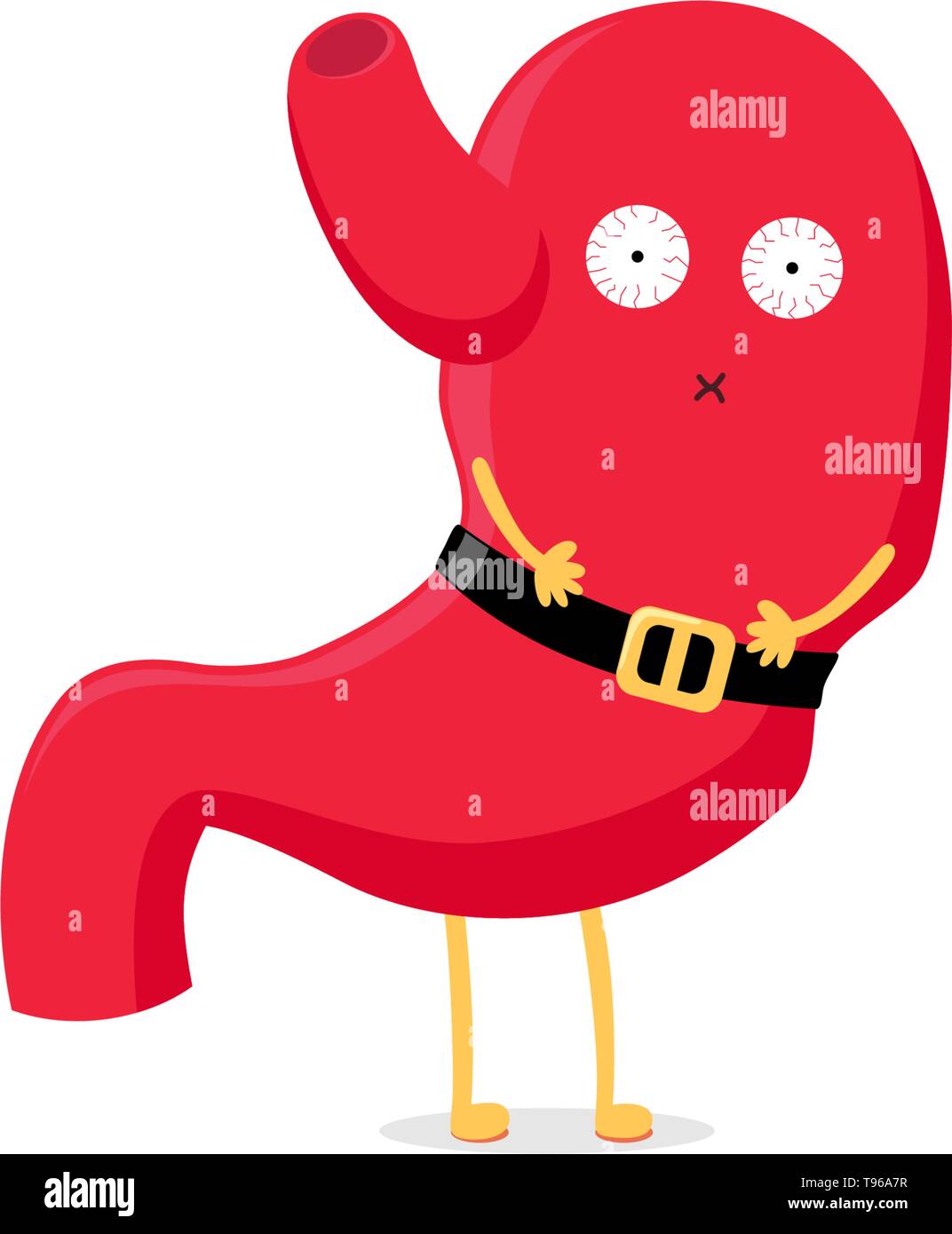 Cartoon carino stomaco insalubre di caratteri Emoji malati triste emozione. Organo di vettore sistema digestivo troppo stretto indossando la cinghia. Divertente immagine EPS10 Illustrazione Vettoriale