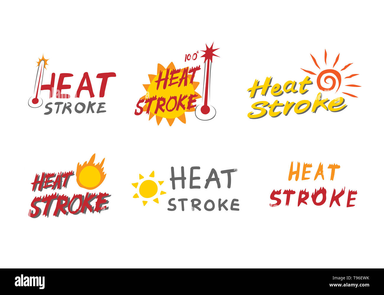Set di colpo di calore il concetto di logo, corsa di Sun e calda estate, bomba termometro vettore in design piatto Foto Stock