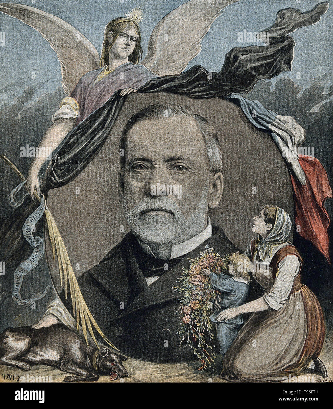 Louis Pasteur, la madre e il bambino in primo piano figura allegorica in background. Louis Pasteur (27 dicembre 1822 - 28 settembre 1895) era un chimico francese e bacteriologist che hanno fondato la scienza della microbiologia. Pascoli ha scoperto che la malattia possa essere causata da batteri trasmessi da persona a persona (la teoria del germe della malattia). Egli ha anche sviluppato i vaccini per la rabbia e il carbonchio. Litografia da H. Meyer, 13 ottobre 1895. Foto Stock