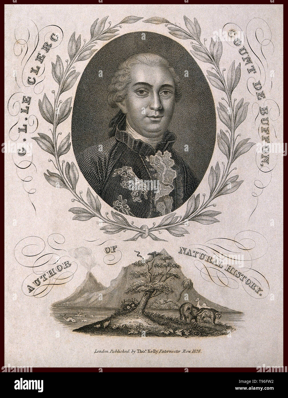 Georges Louis Leclerc, Comte de Buffon (7 settembre 1707 - 16 Aprile 1788) era un naturalista francese, matematico, cosmologist e autore enciclopedico. Cento anni prima di Darwin, Buffon ha pubblicato il suo Historie Naturelle, un volume 44 enciclopedia che descrive tutto noto circa il mondo naturale; egli lottò con le analogie tra gli esseri umani e scimmie antropomorfe e persino parlato di ascendenza comune di uomo e scimmie, ma alla fine ha respinto l'idea di una discendenza comune. Morì nel 1788 all'età di 80. Foto Stock