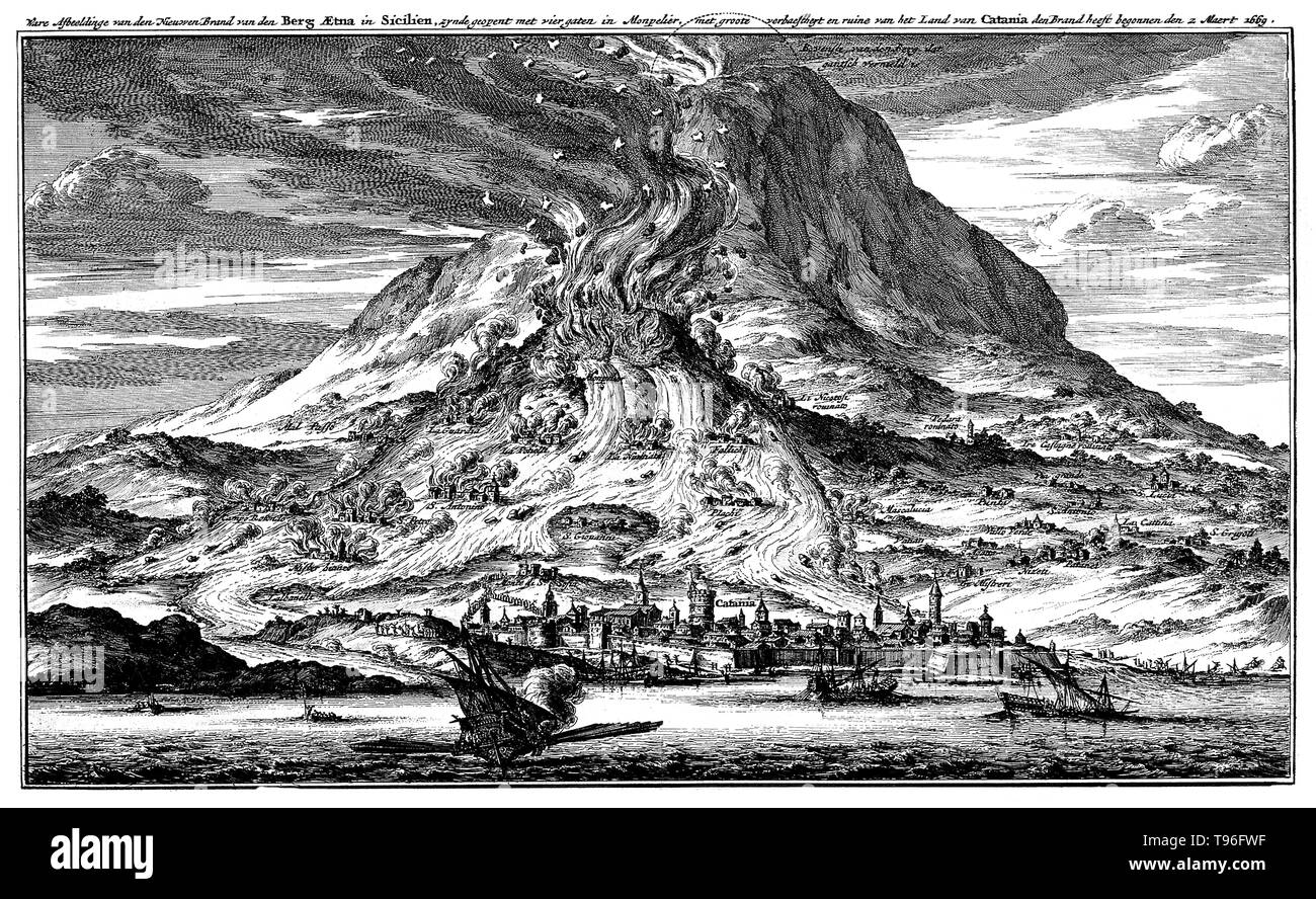 Ware afbeeldinge van den brand nieuwen van den Berg AEtna in Sicilien, zynde geopent incontrato vier gaten in Monpelier, incontrato groote verbaestheyt en ruine van het land van Catania den Brand heeft begonnen den 2 Maert 1669. Il monte Etna è uno stratovulcano attivo sulla costa orientale della Sicilia, Italia. Etna più devastante eruzione dal 122 a.c. iniziato il 11 marzo 1669 e prodotto i flussi di lava che hanno distrutto almeno 10 villaggi sul suo fianco meridionale prima di raggiungere le mura della città di Catania cinque settimane più tardi. Nessun artista accreditato. Foto Stock