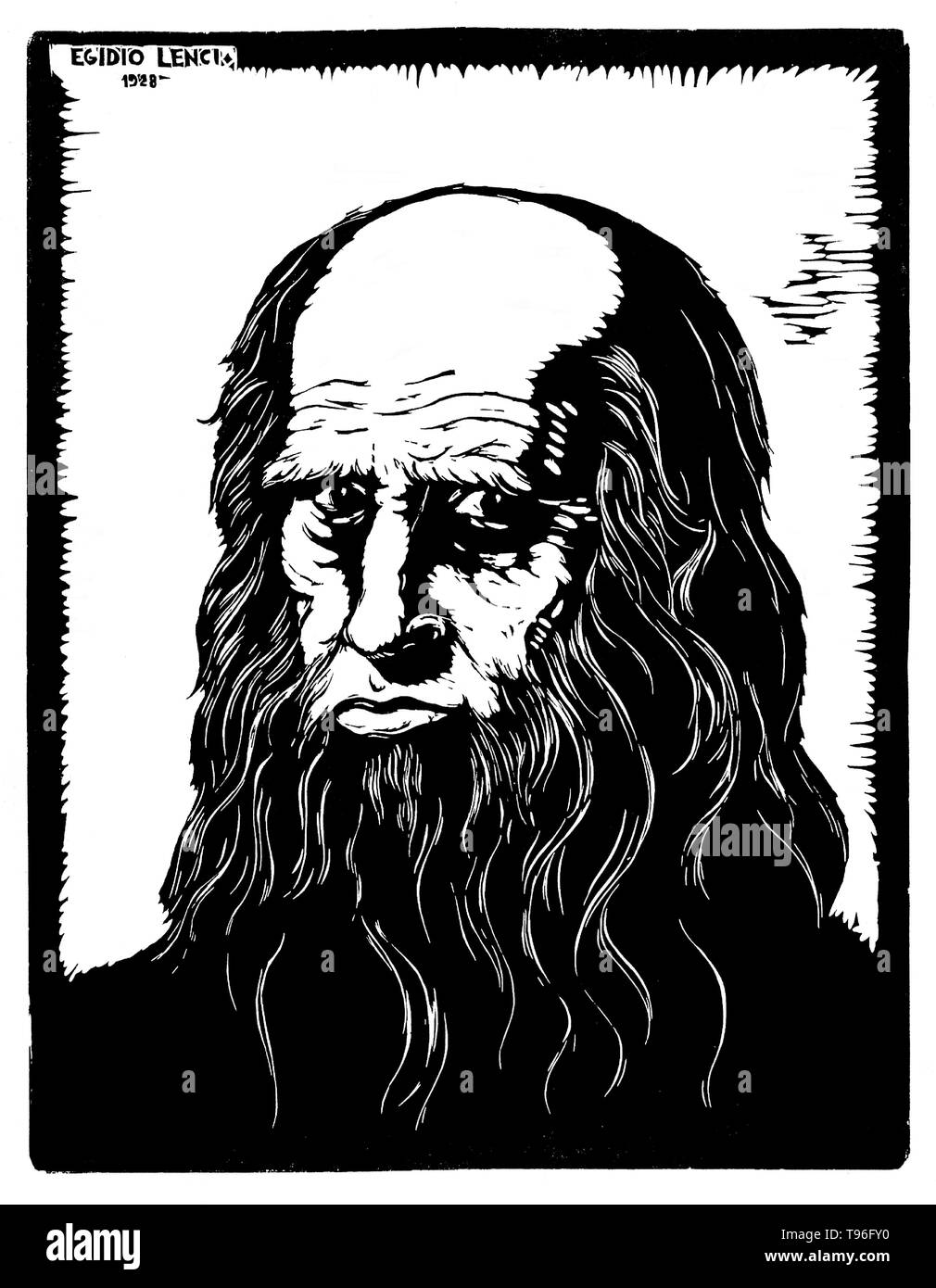 Leonardo di ser Piero da Vinci (15 Aprile 1452 - 2 Maggio 1519) era un rinascimento italiano polymath: pittore, scultore, architetto, musicista, matematico, ingegnere e inventore, anatomista, geologo, cartografo, botanico e scrittore. Il suo genio, forse più di qualsiasi altra figura, epitomized l'umanista rinascimentale ideale, spesso è stato descritto come l'archetipo del Rinascimento Man. Riproduzione di xilografia di Egidio Lenci, 1928. Foto Stock