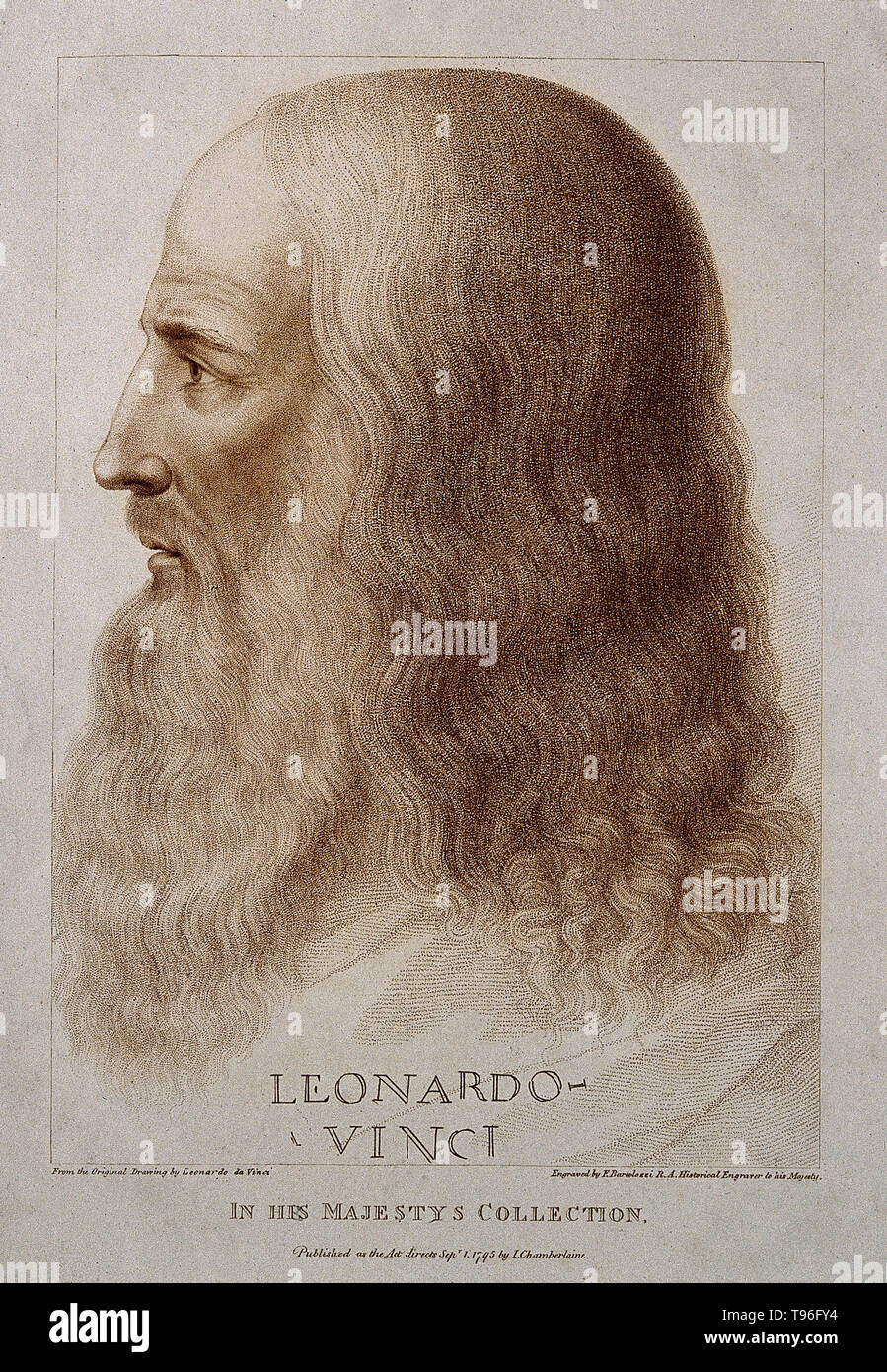 Leonardo di ser Piero da Vinci (15 Aprile 1452 - 2 Maggio 1519) era un rinascimento italiano polymath: pittore, scultore, architetto, musicista, matematico, ingegnere e inventore, anatomista, geologo, cartografo, botanico e scrittore. Il suo genio, forse più di qualsiasi altra figura, epitomized l'umanista rinascimentale ideale, spesso è stato descritto come l'archetipo del Rinascimento Man. Incisione di Francesco Bartolozzi, 1795, dopo il sitter. Foto Stock