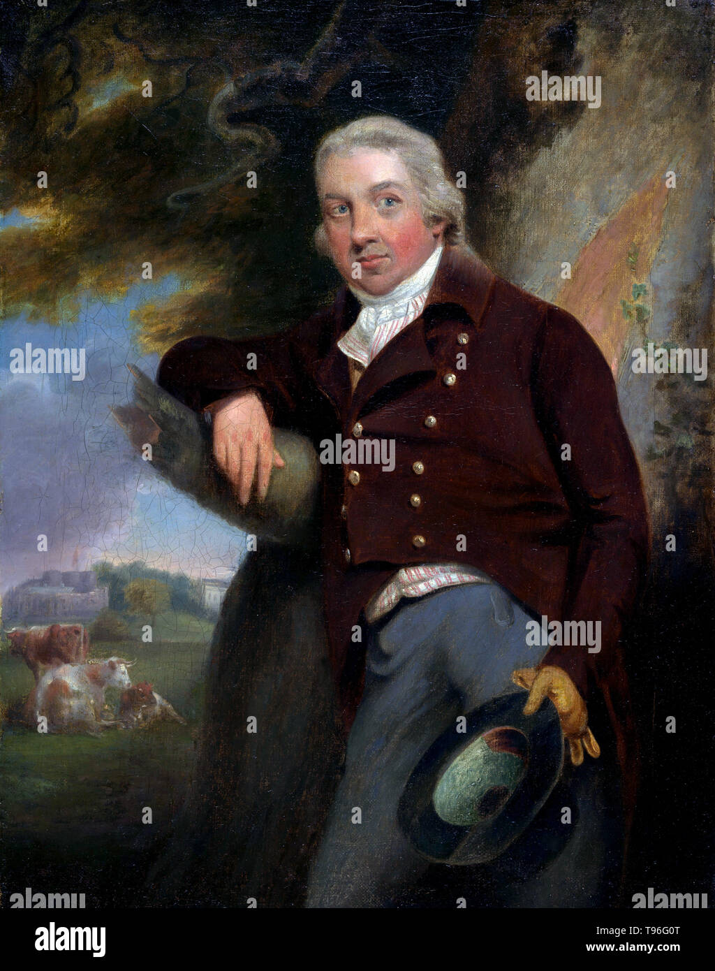 Edward Jenner (17 maggio 1749 - 26 gennaio 1823) era un medico inglese e scienziato che è stato il pioniere del vaiolo vaccino, il mondo il primo vaccino. Il suo lavoro è detto di avere salvato più vite il lavoro di tutti gli altri esseri umani. In Jenner, vaiolo uccise circa il dieci percento della popolazione con il numero alto come 20 percento nei paesi e nelle città dove infezione si è diffusa più facilmente. Pittura di olio attribuito a John Raphael Smith non datato. Foto Stock